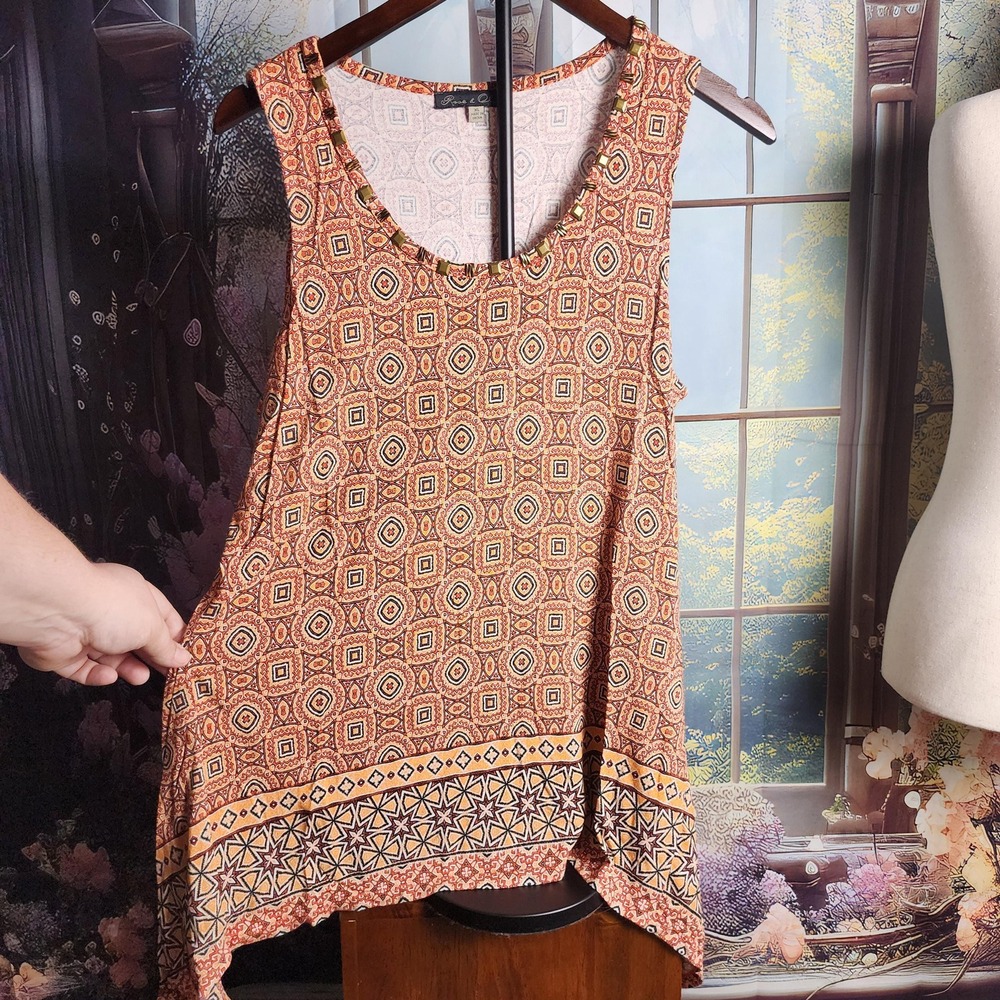 Rose & Olive XL Orange Abstract Geometric Asymmetrical Studded Scoop Neck‎ Tank